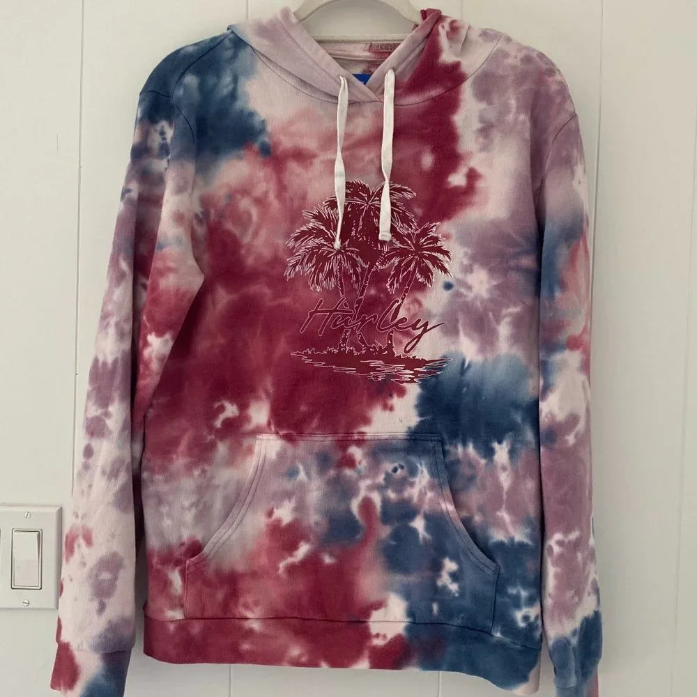 Hurley Women's red & blue Tie Dye Hoodie Fleece Sweatshirt Size M